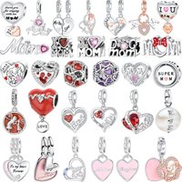 Original 925 Sterling Silver Family Charms Mom Flower Heart Beads For Necklace DIY Bracelet Present Jewellery Gift Mother's Day