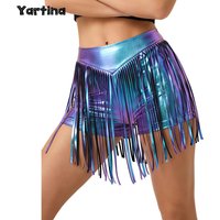 Womens Iridescent Metallic Hot Pants with Tassel High Waist Fringed Booty Shorts Cheeky Shorts Stage Dance Jazz Rock Clubwear
