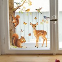 Forest Animal Window Sticker Cute Deer Squirrel on Branch Wall Decal Removable Self-Adhesive PVC Mural Home Wall Stickers
