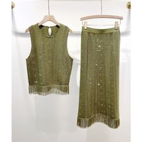 Women Summer French Retro Knit Top With Imitation Diamond Flower Tassel Hem High Waist A Line Midi Skirt Two Piece Set