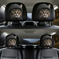 Cat with Beanie Print Car Headrest Covers Set of 4, Cute Cat Headrest Protectors for Auto