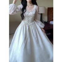 Elegant Princess Style Long Sleeve White Dress Women's Fashion Spring Autumn Winter New Arrival A-Line Skirt Polyester Fiber