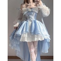 Blue Lolita Dress Heavy Embroidery Train Front Short Back Long Princess Style Chinese Style Loose Waist Faux Fur Long Sleeve