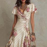 2026hot Spring Summer Women's Floral Print V-Neck Ruffle Waist A-Line Dress Evening Gown Party Outfit Clothing