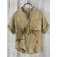 Men's Retro Hawaiian Art Print Wave Series 3D Digital Printing Casual Loose Short Sleeve Three-Breasted Shirt Linen 100%