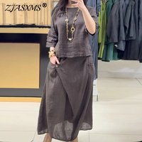 Casual O Neck Top Pullover & A-Line Skirts Cotton Linen Set Woman 2 Pieces Half Sleeve Loose Outfit Spring Vintage Suit Harajuku