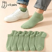 6 Pairs Of Spring And Summer Women's Solid Color Vertical Stripes Fashionable Green Versatile Shallow Mouth Invisible Boat Socks