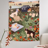 Soft Cute Wind Nature Tapestry, Cat and Swan in Flowering Meadow for Bedroom Living Room Cozy Wall Hanging