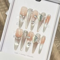 10pcs 3D Butterfly French Press On Nails Glitter Rhinestones Stiletto Fake Nails with Diamond Cat Eye for Women Party Wearing