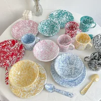 1pcs Enamel Dinner Plate Milk Cup Retro Splash Ink Home Dishes and Plate Creative Living Room Desktop Fruit Salad Dish tableware