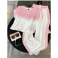Casual Sportswear Set Women Summer Fashion High-End Gradient Color Short Sleeve Top Wide Leg Pants Two-Piece Set Breathable L...