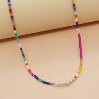 Cross border European and American Bohemian style collarbone chain mixed color rice beads paired with genuine and fake pearls ha
