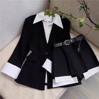 Women Two Piece Skirt Sets Patchwork Blazer Buttons Long Sleeve Jackets High Waist Mini Skirts Suit Elegant Office Lady Spring