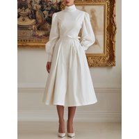 Freeacy Women's Solid White Turtleneck Puff Sleeve High Waist Bow Tied Midi Dress 2026 Spring Stylish Retro Elegant Dresses