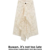 Long Lace Skirt Design with Belt Asymmetrical Embroidery Mesh Gown Multiwear Ladies High Waist Loose Fit Casual Style
