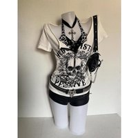 Women's Subculture Skull Print Fake Two-Piece T-Shirt Summer Gothic Slim Fit Halter Tops Y2K Harajuku Grunge Punk Fashion Tees