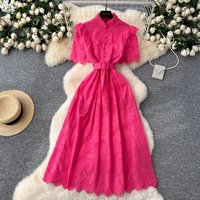 Women Lace Long Midi Dress Retro Elegant Hollow Hook Lace Crochet Slim Belt A-line Prom Party Club Wedding 2025 Spring Summer