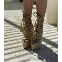 Weave Style Round Toe Platform Summer Women Sandals Chunky Super High Heels Lace Up Design Large Size Leisure Shoes