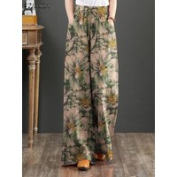 ZANZEA Bohemian Floral Printed Pants Autumn Fashion Wide Leg Pant Woman Casual Cotton Long Trousers Vintage Elastic Palazzo 2023