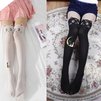 Cartoon Anime Knee Socks Moon Printed Thigh Stockings Luna Cat Black And White Cute Lolly Slimming Sock High Tube Panties