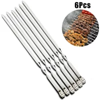 6pcs Stainless Steel Barbecue Skewer Flat BBQ Sticks Fork Outdoor Camping Picnic Utensil Kitchen Accessories