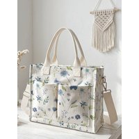 Delicate Blue Wildflower Print Corduroy Tote Bag Large Capacity Multi Pocket Floral Lover Commuter Shoulder Bag