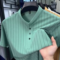 Summer Polo Shirts Mulberry Silk Men's Short-sleeved T-shirt Slim Striped Stand-collar Half-sleeve New Style