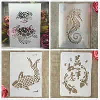 4Pcs A4 29cm Fish Turtle Hippocampus DIY Layering Stencils Wall Painting Scrapbook Coloring Embossing Album Decorative Template