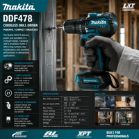 Makita DDF487 Akku-Bohrschrauber 18V Bürstenloses Elektrowerkzeug mit BL1860 6,0Ah Lithium-Akku Kompakter Hochdrehmoment-Schraubendreher für Holz, Metall, Heimreparaturen, Möbelmontage, Professionelle