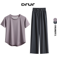 DRUR Loose Breathable Yoga Set Women Lightweight Running Tracksuit 2 Piece Gym Outfit Summer Sportswear Tops Pants Suit Yogawear