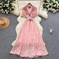 Luxury Lace Formal Evening Dress Summer Women V-Neck Collar Pockets Single Breasted Belt Short Sleeve Long Dresses Party Vestido