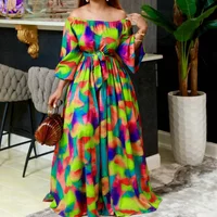 Women Dress Sexy Long Dresses Maxi A Line Pleated Print Off Shoulder Slash Neck Puff Full Sleeve Sexy High Waist Vestidos 2024