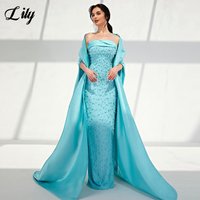 Lily Light Blue Satin Beaded Party Dress Strapless Trumpet Evening Dresses with Cape Floor Length Prom Gown for Women Customized