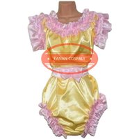 Adult Giant Baby Sexy Girl Yellow Thin Silk Sissy Bodysuit Pink Trimmed Japanese Maid Role Play Customized Multi Color