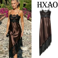 HXAO Brown Lace Dress Woman Summer Asymmetric Satin Evening Dresses Sexy Backless Slip Green Dress Sleeveless Party Dresses