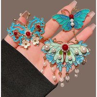 New Chinese Style Ancient Style Blue Hanfu Women Alloy Hair Clip Retro Auspicious Cloud Pearl Tassel Butterfly Duckbill Clip