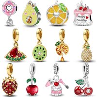 925 Sterling Silver Pink Cake Cherry Pineapple Strawberry Cherry Pendant Charm Ball Suitable for Bracelets DIY Women's Jewelry