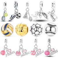 925 Sterling Silver Charms Beads Sport Basketball Football Tennis Volleyball Golden Pendant Fit Women Girl Fine Jewelry