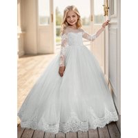 Lace Embroidered Tulle Long-Sleeved Children's Train Flower Girl Dress