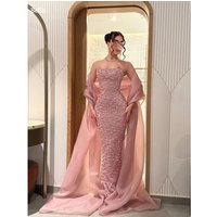 Bella Customized Blush Pink Strapless Sequin Prom Dress Mermaid Detachable Organza Cape Floor Length Party Dresses Evening Gown