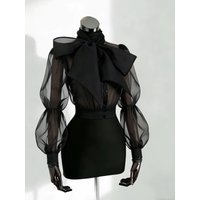Sexy Black Bowtie Shirt Top Women's Spring High-End Slim Fit Half Skirt Two-Piece Set Fashionable Shirt Short Skirt