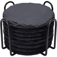 Slate Drink Coasters with Metal Holder, GOH DODD Set of 8 Black Coasters, 4 Inch Stone Coaster Set Tabletop Protection for Home Kitchen Apartment Bar Decor Housewarming Gifts Wedding Party, Round