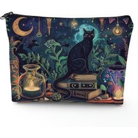 Enchanted Night Black Cat Makeup Bag - Mystical Witchy Gift & Travel Essential,Cosmetic Organizer with Magical Elements Design
