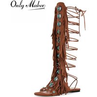 Onlymaker Women Open Toe Tassels Jewel Flat Sandals Lace UP Big Size Fashion Luxury Fringe Sandals
