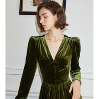 Velvet V-Neck Dress Women'S 2023 Autumn/Winter New High End French Vintage Green Slim Fit Waist Drop Mid Length Dress