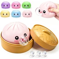 Cute BaoBun Dumpling Squeeze Toy with Steamer Box Stress Relief Squishy Toy with Bubble Blowing Feature Soft Sensory Fidget