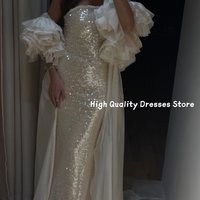 Prom Dresses New Ivory Sequin Strapless Big Ruffle Sleeve Mermaid Maxi Dress Floor Length Arabic Gala Outfit Customized