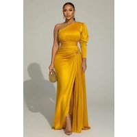 Plus Size Formal One Shoulder Evening Dress for Women Solid Split Hem Satin Cocktail Wedding Guest Party Maxi Dress 2026