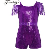 Kids Girls Shiny Sequin Shorty Unitard Jazz Chacha Dance Bodysuit Sleeveless Tassels Jumpsuit And Waistbelt for Birthday Wedding