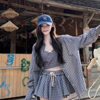 Korean Style Sexy Plaid Shirt Strap Top Shorts Three Piece Set Lazy Style Early Autumn New Women's Casual Sportswear